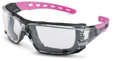 Pink and black safety goggles with clear lenses and ventilated design
