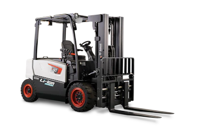 White and black lithium-powered forklift with orange accents and extended load forks on white background