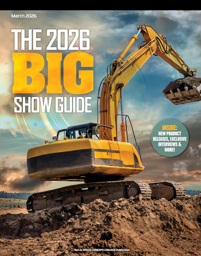 March 2026 Big Show Guide cover featuring yellow excavator on construction site with dramatic sky