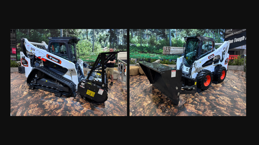 Two white Bobcat skid steer loaders with black bucket attachments on dirt ground in forest setting