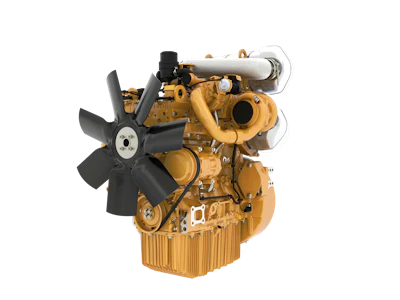 Caterpillar diesel engine assembly with yellow block, black fan, and silver air intake components