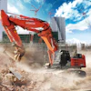 Red Hitachi excavator demolishing building debris on urban construction site with skyscrapers and cranes in background