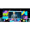 Man speaking at podium during IARA & SHOW conference with colorful geometric branding backdrop