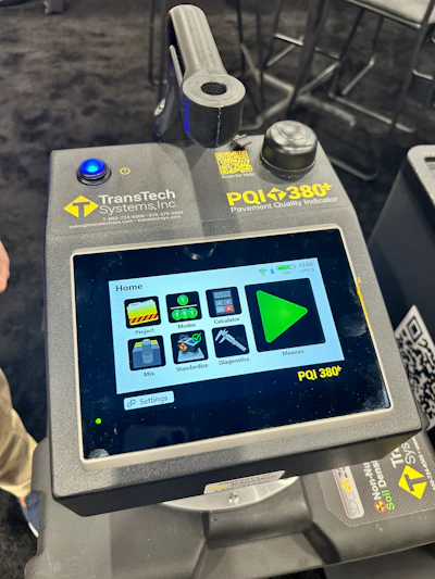 TransTech Systems PQI 380+ pavement quality indicator device with touchscreen display showing home menu and measurement tools