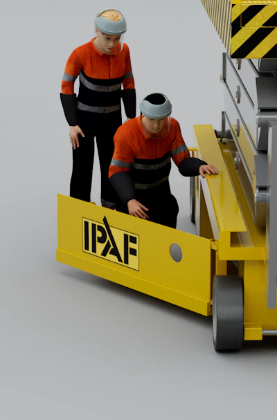 Two construction workers in safety gear operating an IPAF-branded aerial work platform with yellow and black coloring