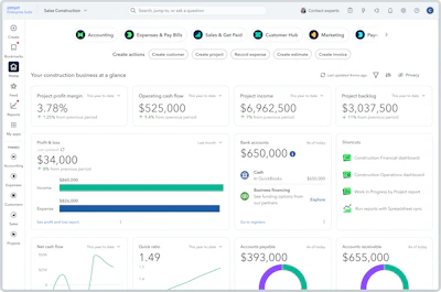 Intuit construction business dashboard displaying project profit margin, operating cash flow, income, backlog, and financial metrics with charts and account summaries.