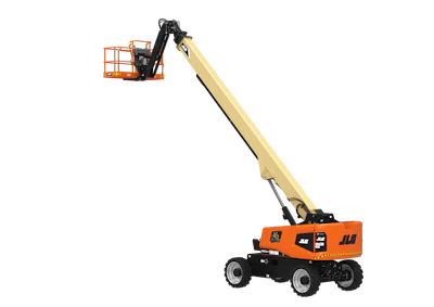 Orange and tan JLG boom lift with extended articulating arm and elevated work platform