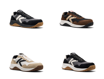 Four athletic sneakers in black, brown, and tan colorways with white and orange accents