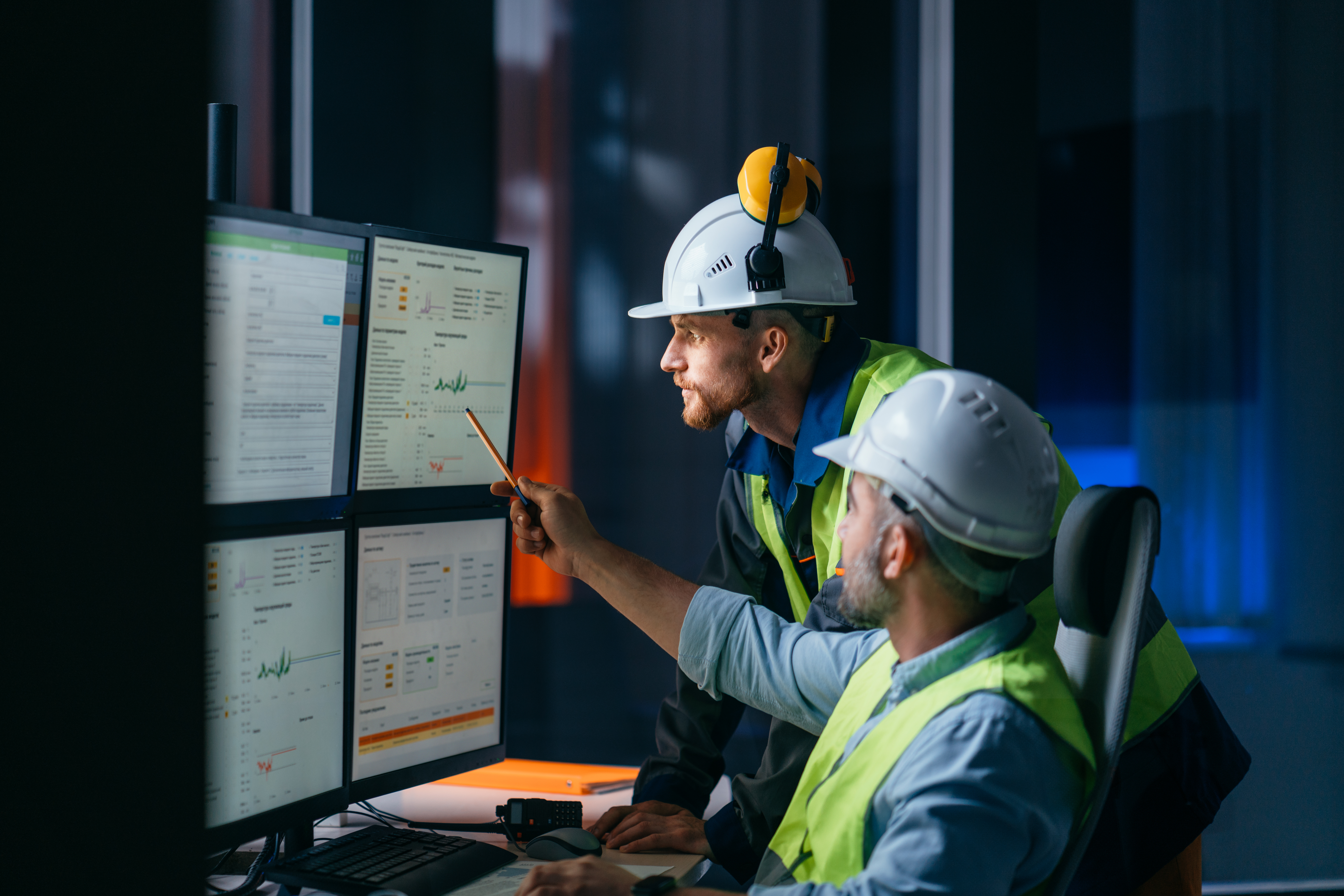 Two construction workers in safety helmets and vests review data analytics on multiple computer monitors in an industrial workspace.