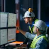 Two construction workers in safety helmets and vests review data analytics on multiple computer monitors in an industrial workspace.