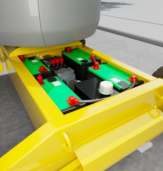 Yellow industrial container with green circuit boards, black components, and red terminals for battery or power system