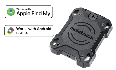 Metabozen GPS tracker device with Apple Find My and Android Find Hub compatibility badges