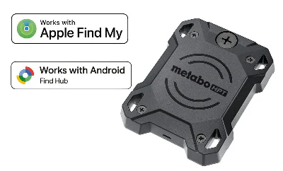 Metabozen GPS tracker device with Apple Find My and Android Find Hub compatibility badges