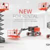 Skyjack aerial lift equipment rental advertisement featuring scissor lifts, boom lifts, and telehandlers available for rental