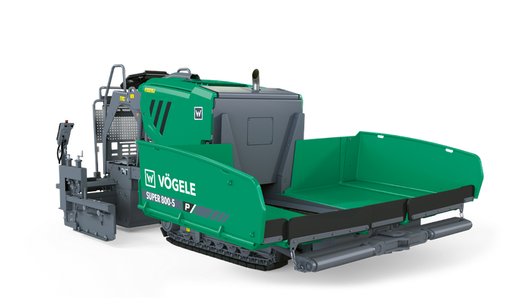 Vögele Super 500-2 tracked asphalt paver with green hopper and gray engine compartment