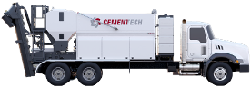 White CementTech concrete mixer truck with red accents and hydraulic pump system