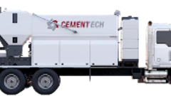 White CementTech concrete mixer truck with red accents and hydraulic pump system