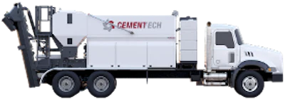 White CementTech concrete mixer truck with red accents and hydraulic pump system