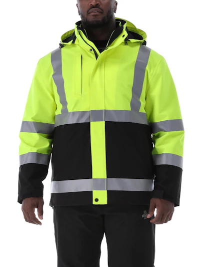 Man wearing neon yellow and black high-visibility safety jacket with reflective strips