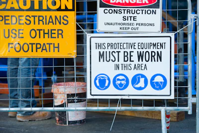 Construction site safety signs including pedestrian footpath warning, danger notice, and protective equipment requirements with icons for hard hat, goggles, boots, and safety vest.
