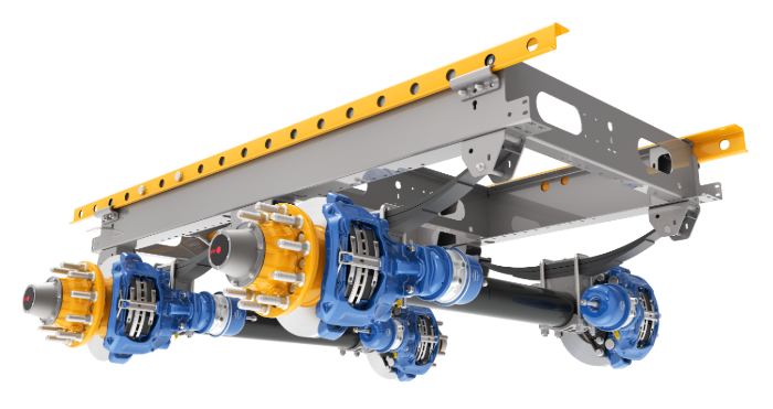 Industrial overhead crane system with yellow beam, blue motorized trolleys, and mechanical lifting components