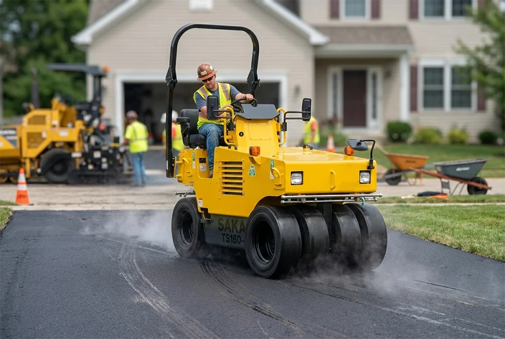 Construction worker operating a yellow SAKAI road roller compactor on a residential driveway during paving work