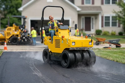 Construction worker operating a yellow SAKAI road roller compactor on a residential driveway during paving work