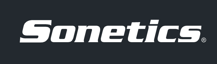 Sonetics logo in white italic text with registered trademark symbol on dark background