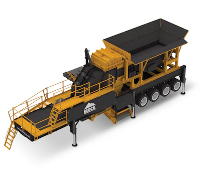 Yellow and black mobile jaw crusher with screening hopper and conveyor system for aggregate processing