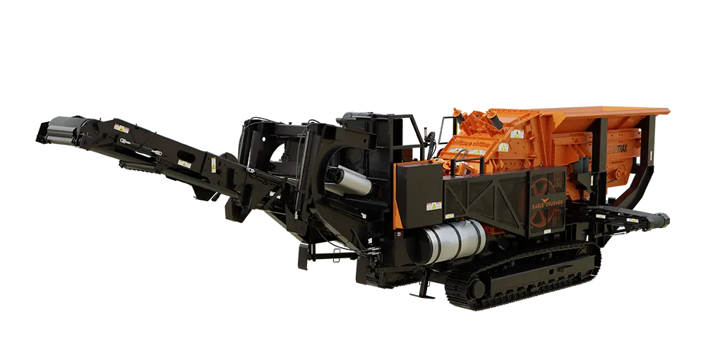 Mobile wood chipping machine with orange hopper and tracked base system