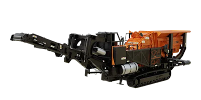 Mobile wood chipping machine with orange hopper and tracked base system