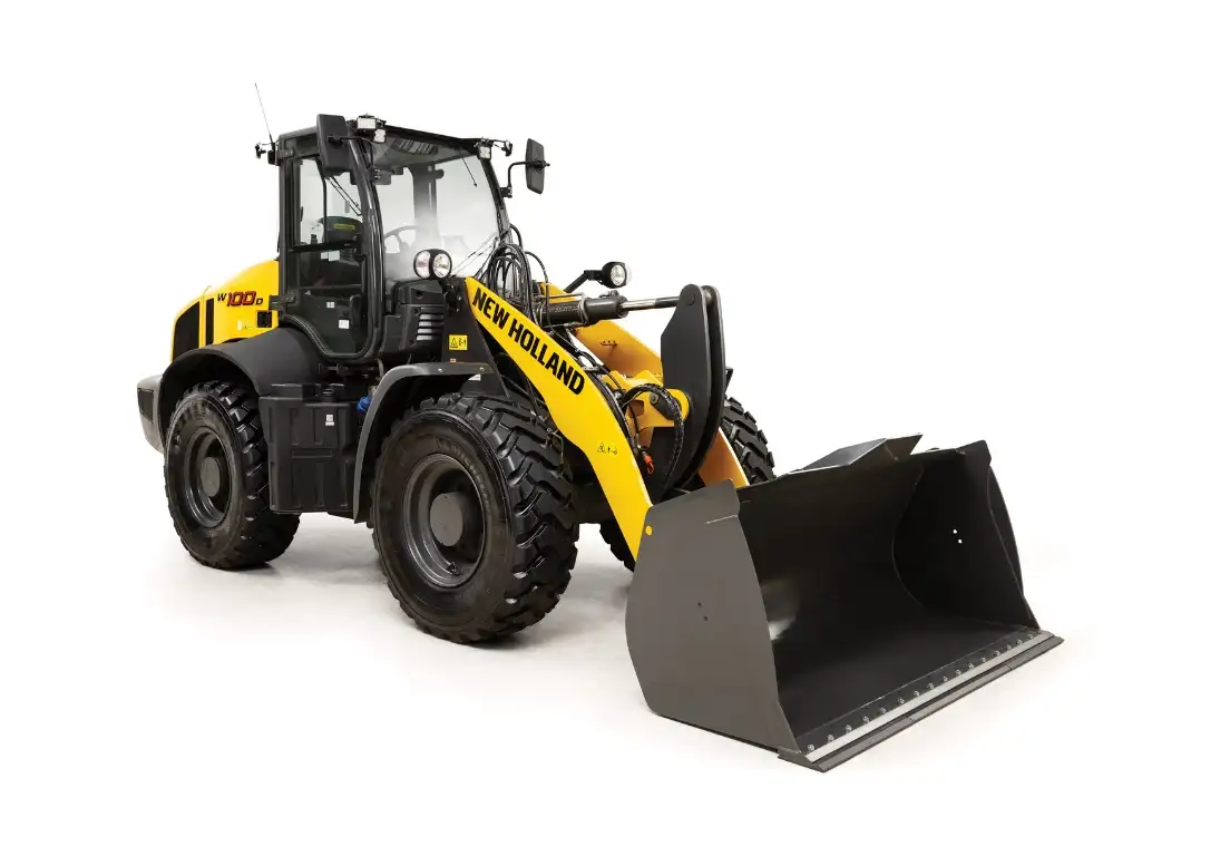 New Holland LW325 wheel loader with snow plow attachment on white background