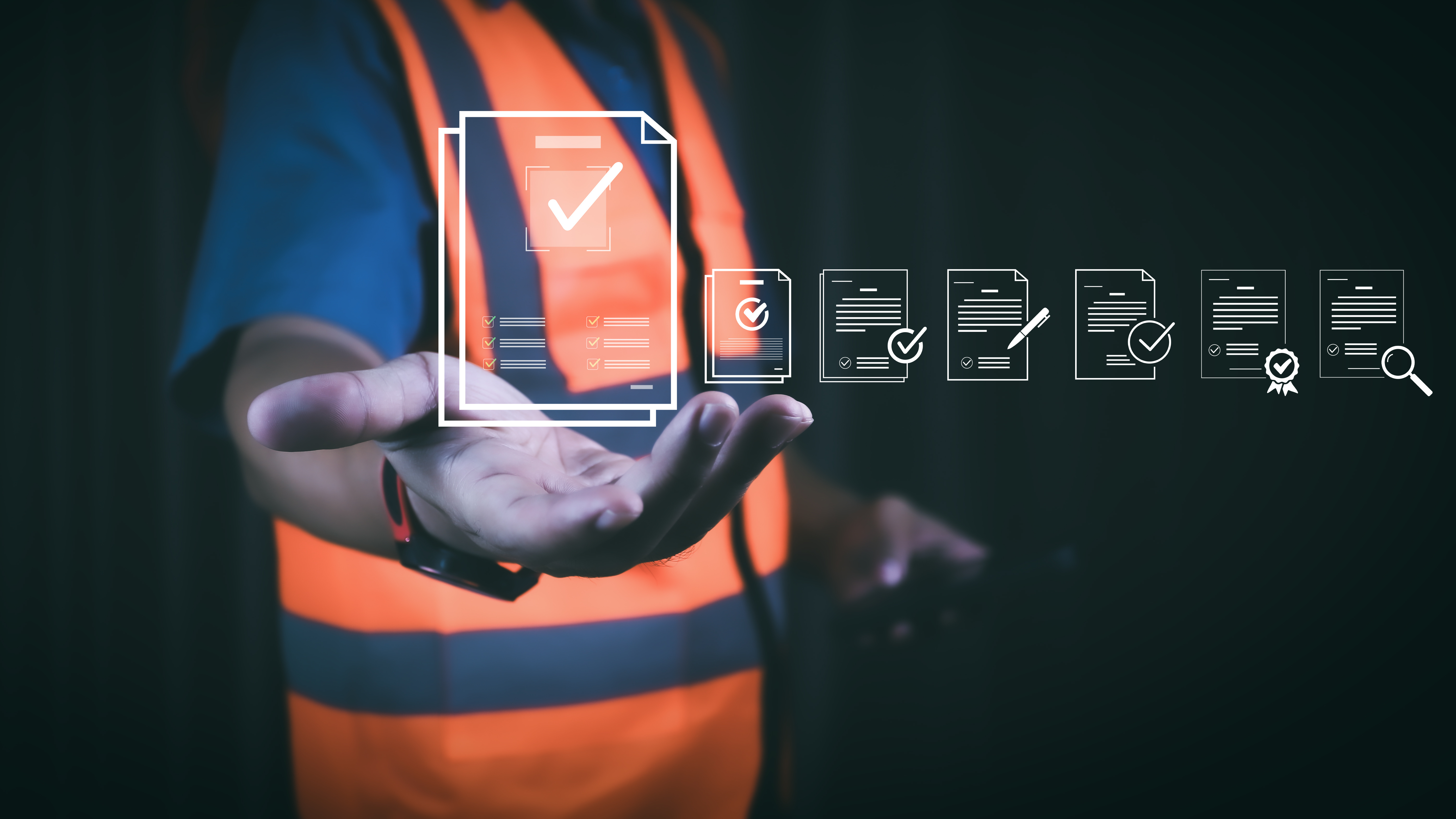Worker in safety vest holding digital document management and quality assurance icons