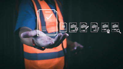 Worker in safety vest holding digital document management and quality assurance icons