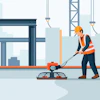 Construction worker operating a plate compactor on an active building site with cranes and materials