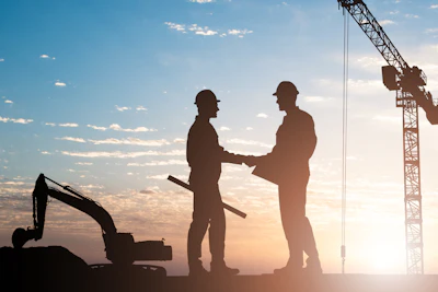 Two construction workers in hard hats shaking hands on a job site with excavator and crane silhouetted against sunset sky