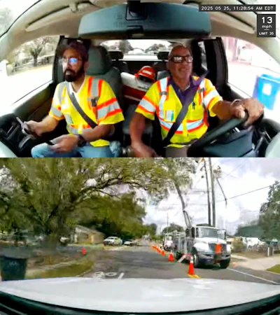 Dashcam footage showing utility workers in safety vests in vehicle and street work zone with traffic cones
