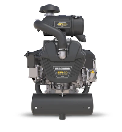 Vanguard EFI40 small gasoline engine mounted on black air compressor tank with white background