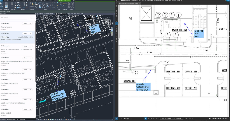 Split-screen CAD software showing 3D site plan on left and detailed architectural floor plans with measurements and room labels on right
