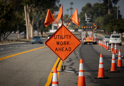 Orange diamond-shaped construction warning sign reading 'UTILITY WORK AHEAD' on a street with traffic cones and equipment
