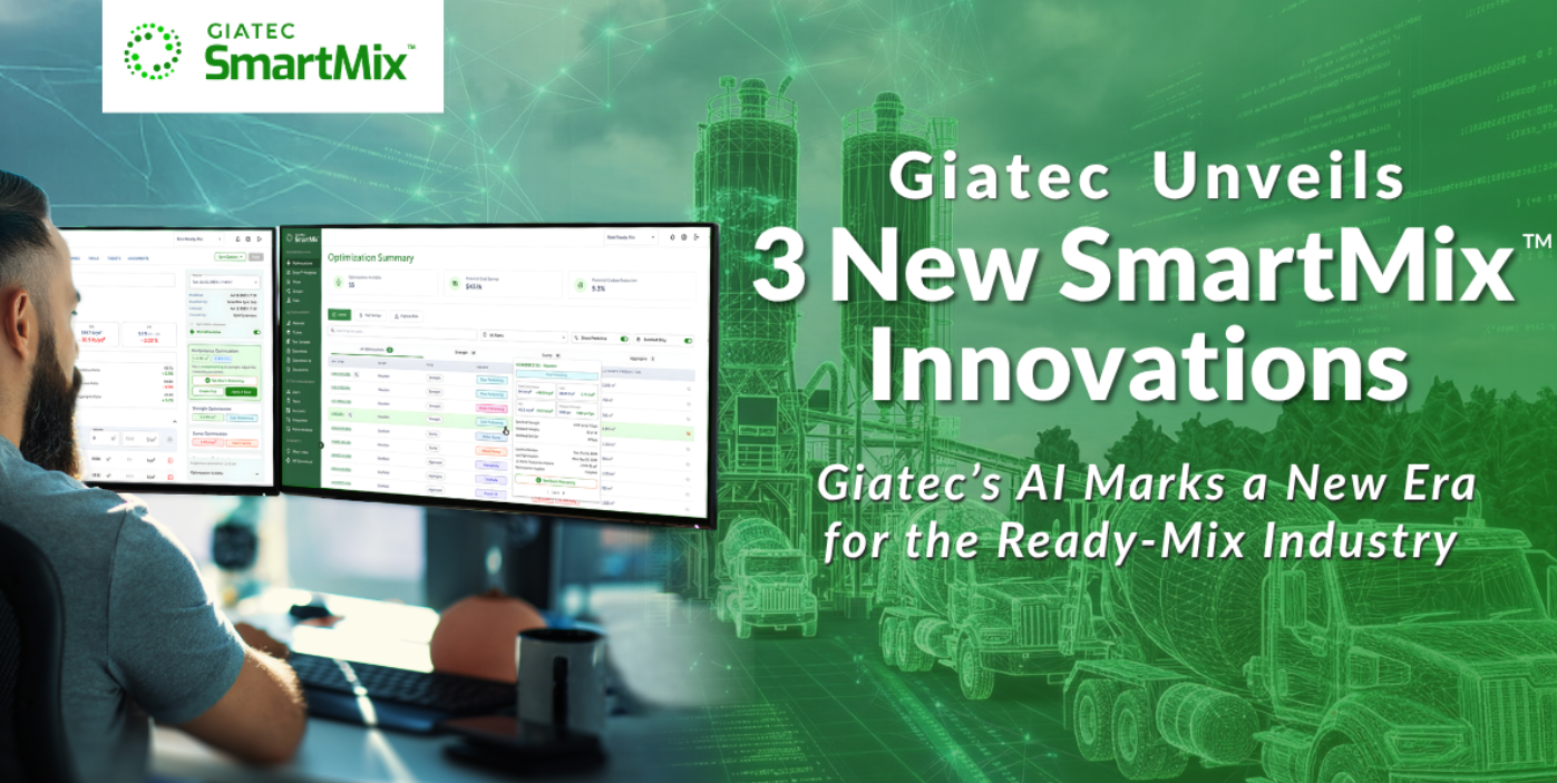 Giatec SmartMix promotional banner featuring AI innovations for ready-mix concrete industry with person monitoring dashboard