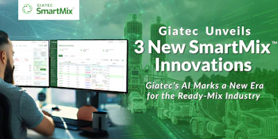 Giatec SmartMix promotional banner featuring AI innovations for ready-mix concrete industry with person monitoring dashboard