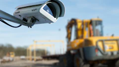 Security camera mounted on pole overlooking construction site with yellow excavator and steel framework