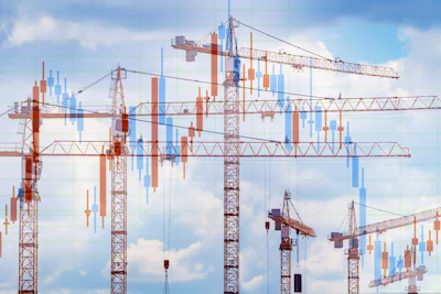 Construction cranes overlaid with financial candlestick charts against blue sky, symbolizing building growth and market investment