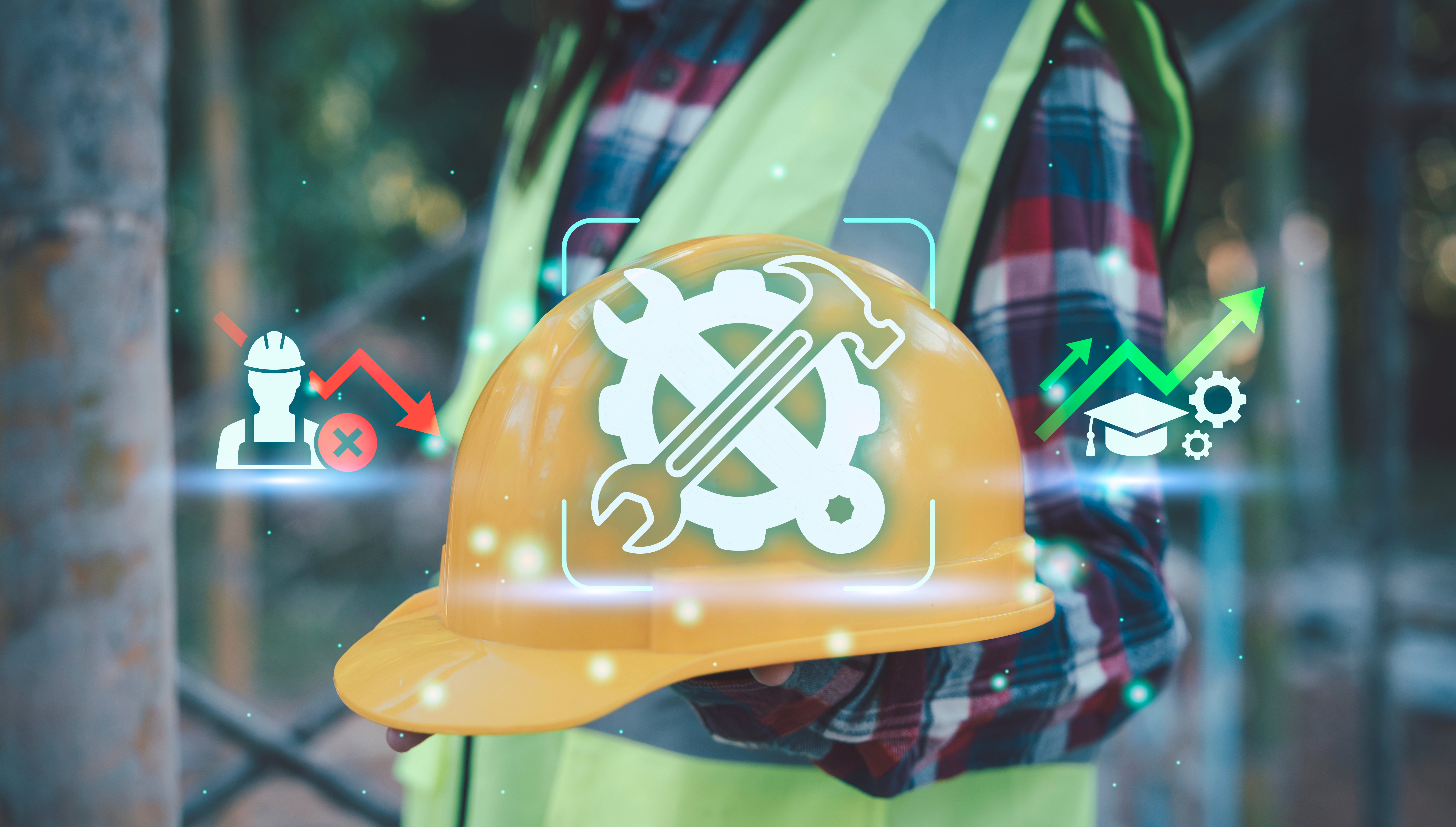 Construction worker wearing safety helmet with tools and gears icon overlay, representing skilled trades and professional development