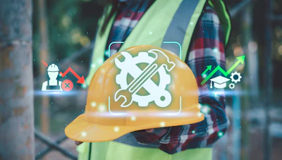 Construction worker wearing safety helmet with tools and gears icon overlay, representing skilled trades and professional development