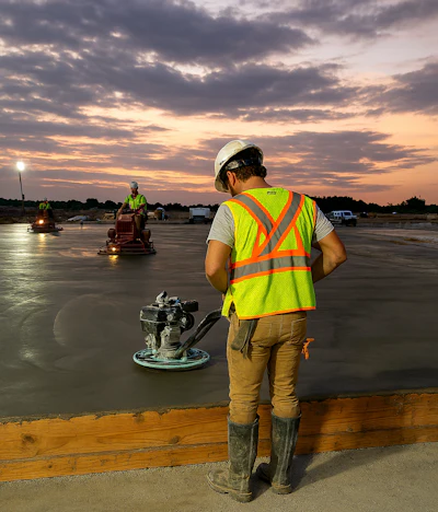 Construction worker in safety vest operating concrete finishing equipment at dusk on a work site.