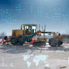 Heavy construction equipment including motor grader and bulldozer on industrial site with digital technology overlay