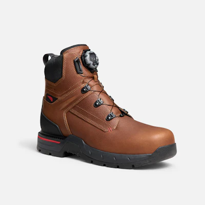 Brown leather work boot with black sole and Boa lacing system on white background
