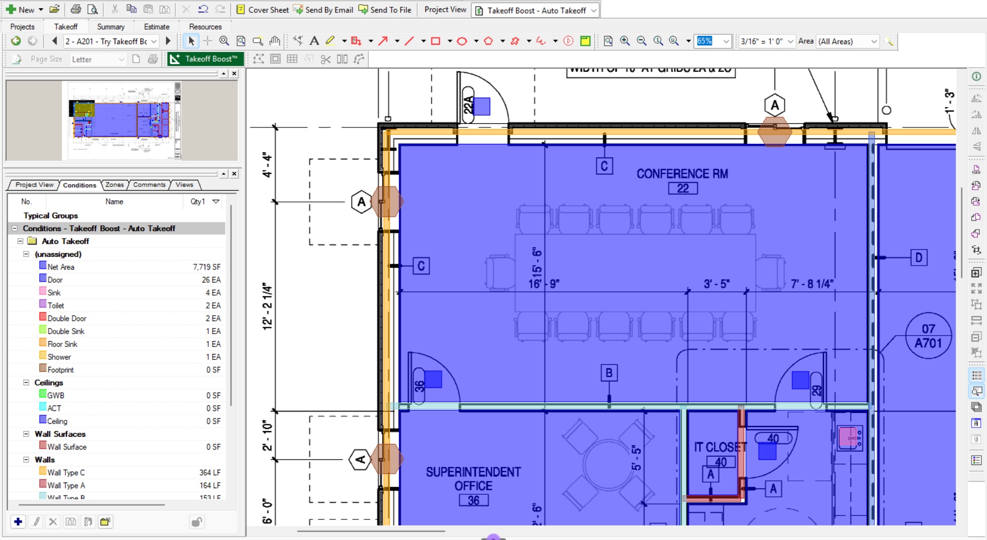 Architectural floor plan showing conference room, superintendent office, and IT closet with dimensions and layout details